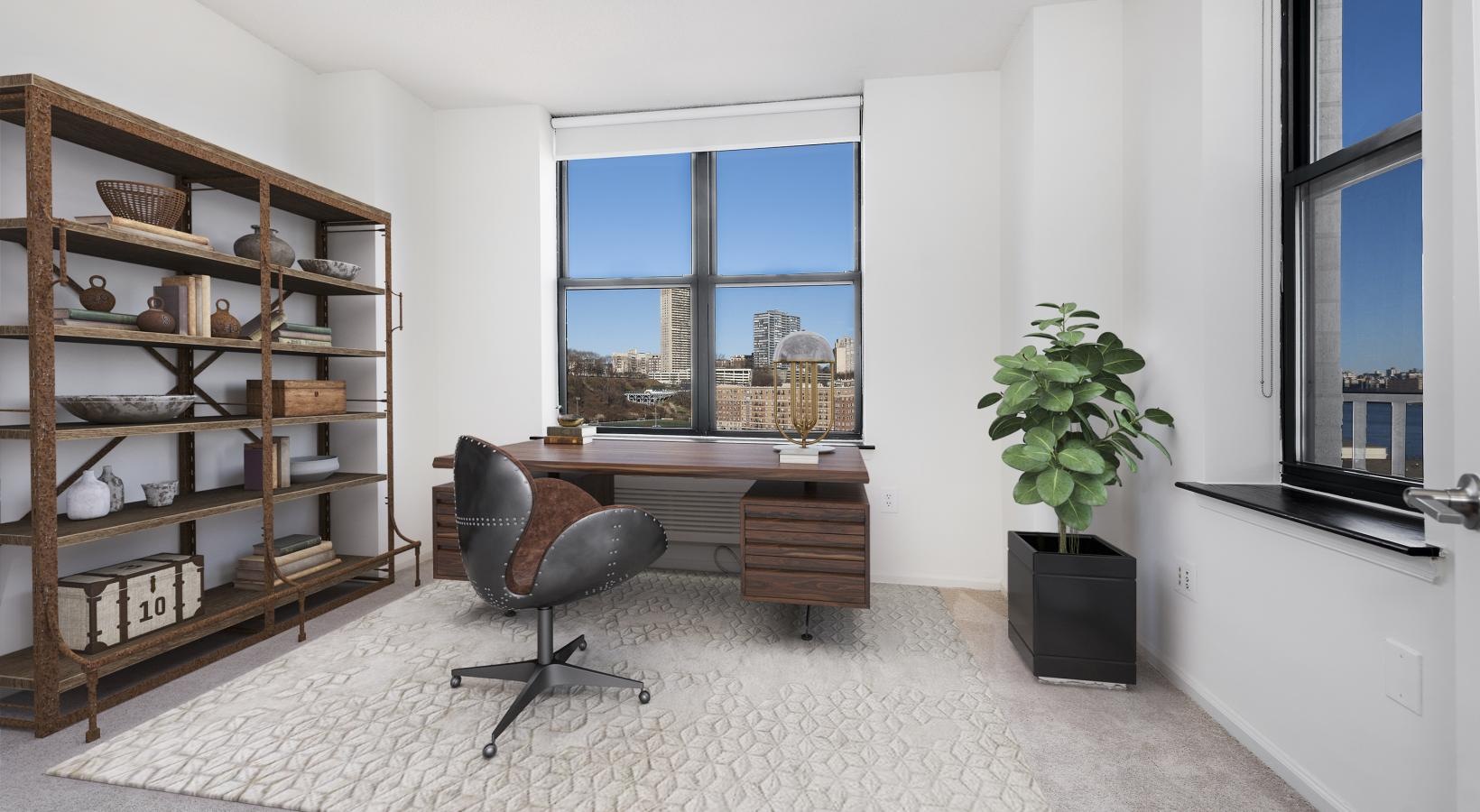 Find your perfect fit at Riverbend at Port Imperial a room with a desk and shelves