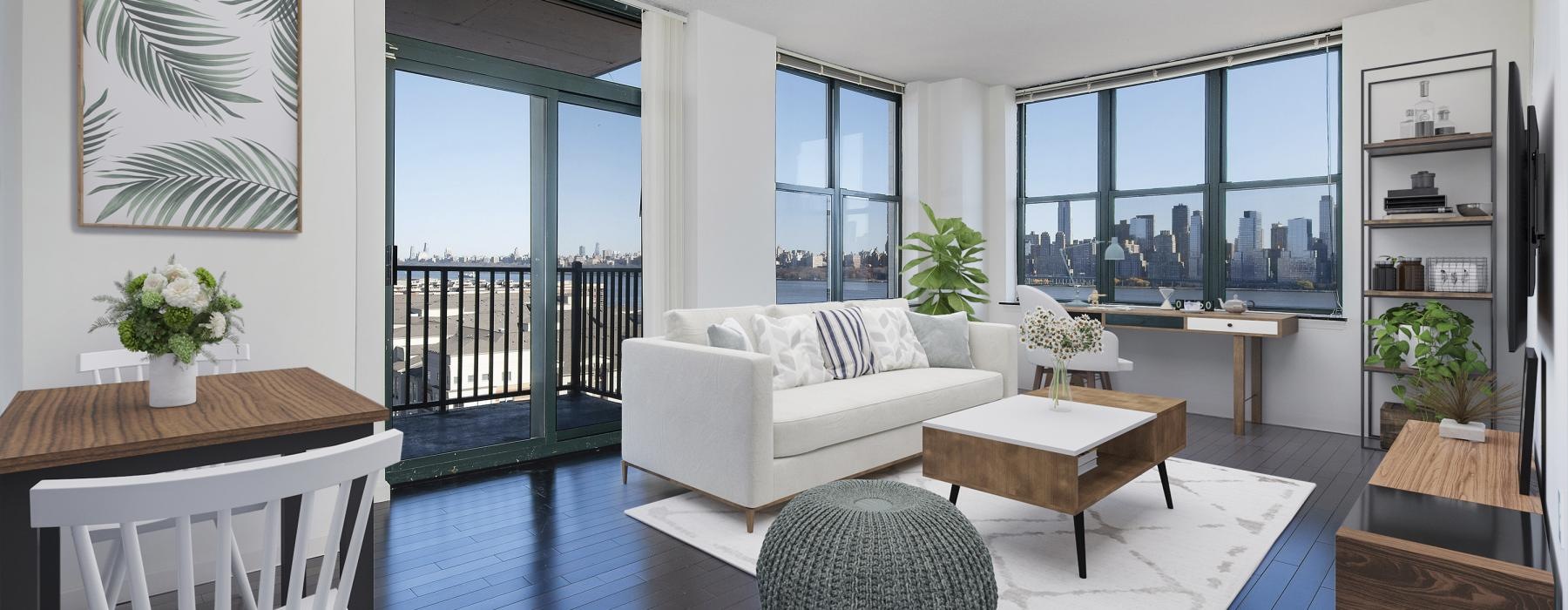 a living room with a large window