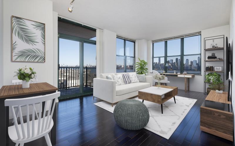 a living room with a large window