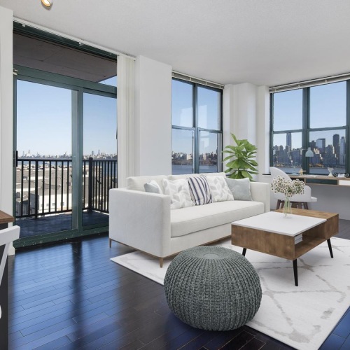 a living room with a large window