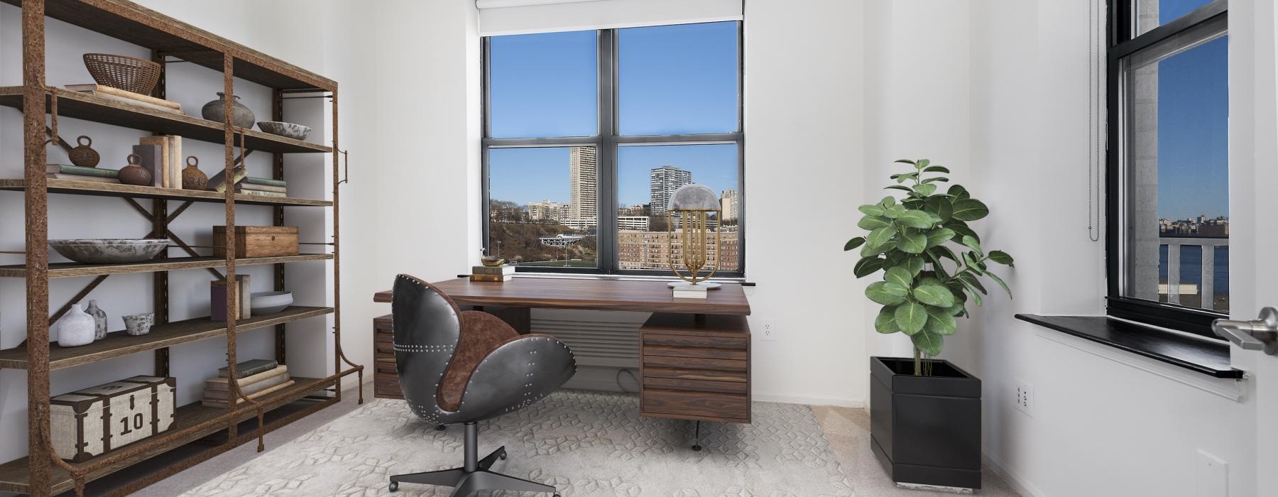 a room with a desk and shelves
